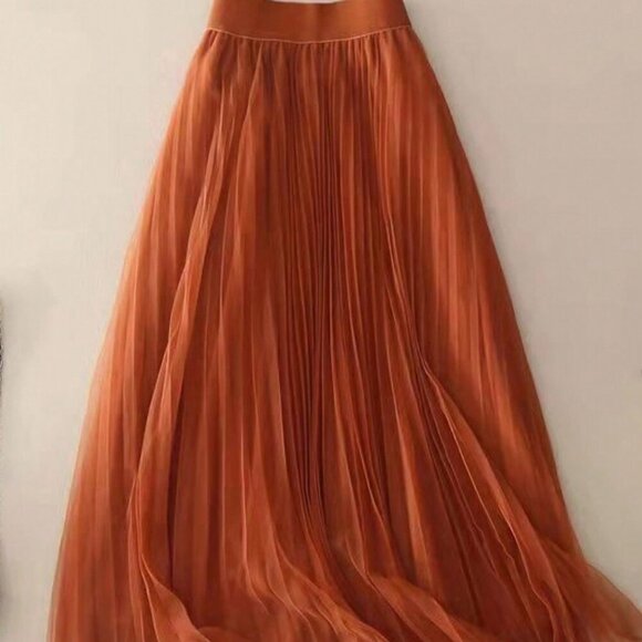 Pumpkin Spice Women's Elegant Pleated Mesh A-Line Skirt - Picture 1 of 7